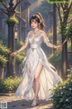 A woman in a white dress walking down a street.