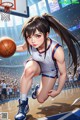 A girl in a basketball uniform is playing basketball.