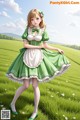 A girl in a green dress standing in a field.